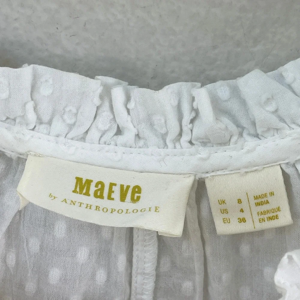 Maeve Anthropologie Womens 4 White Swiss‎ Dot Off The Shoulder Puff Sleeve Top